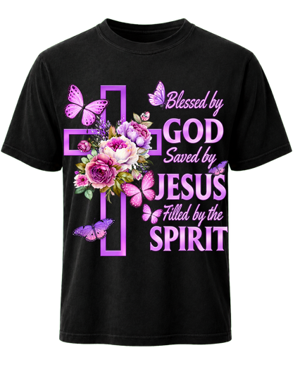 Blessed By God Saved By Jesus Purple Floral Cross Christian Jesus God Christian T Shirt