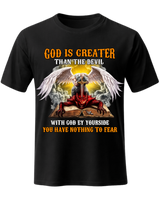GOD IS GREATER THAN THE DEVIL WITH GOD BY YOURSIDE YOU HAVE NOTHING TO FEAR V-Neck T-Shirt