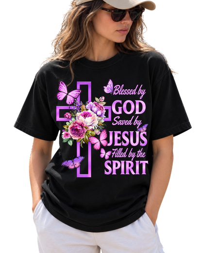 Blessed By God Saved By Jesus Purple Floral Cross Christian Jesus God Christian T Shirt