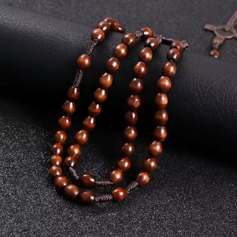 Christ Jesus Wooden Beads 8mm Rosary Bead Cross Car Pendant Woven Rope Chain Necklace Religious Orthodox Praying Jewelry