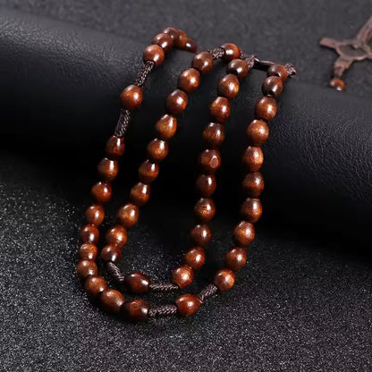 Christ Jesus Wooden Beads 8mm Rosary Bead Cross Car Pendant Woven Rope Chain Necklace Religious Orthodox Praying Jewelry