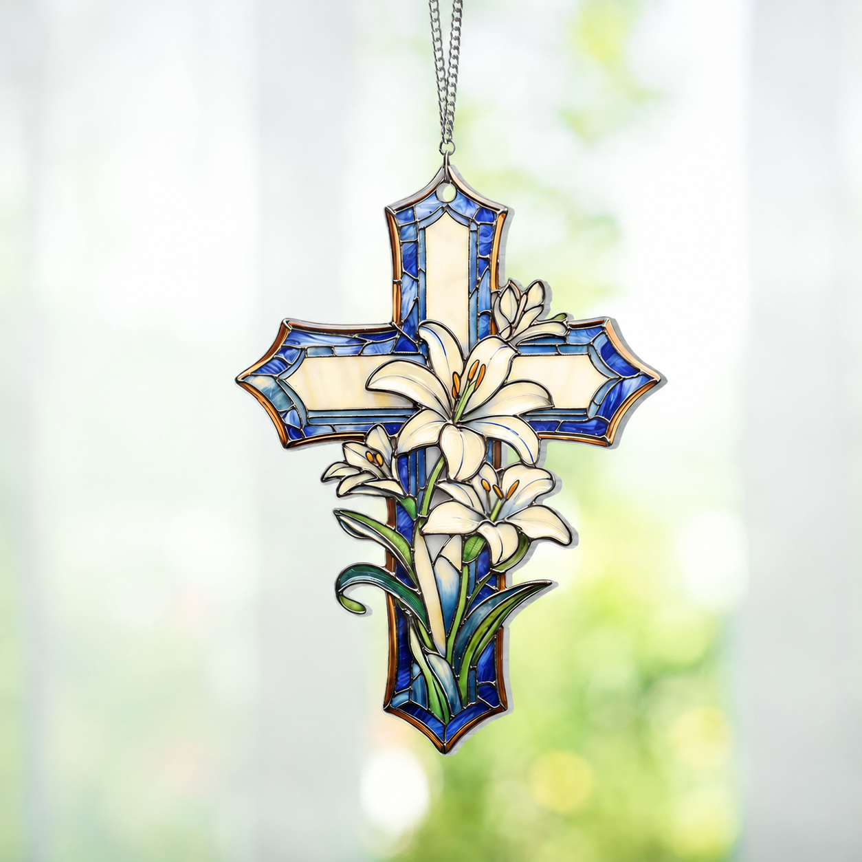 Cross And Lily Flowers Suncatcher, Christian Acrylic Window Hanging Decoration, Flower Cross Gift For Religious, Christian Faith Home Decor