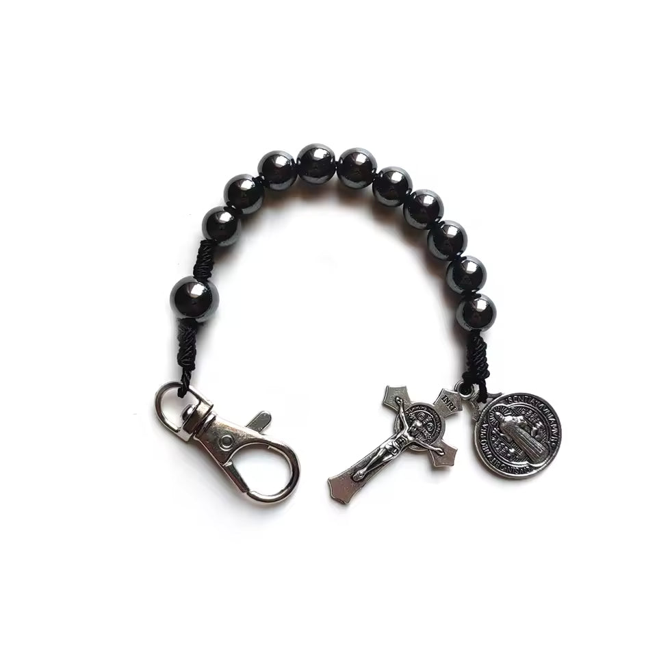 QIGO Hematite Beads Pocket Car Rosary Cross Saint Benedict Bracelets Religious Jewelry