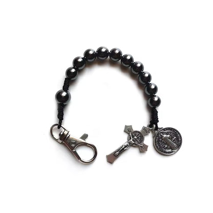 QIGO Hematite Beads Pocket Car Rosary Cross Saint Benedict Bracelets Religious Jewelry