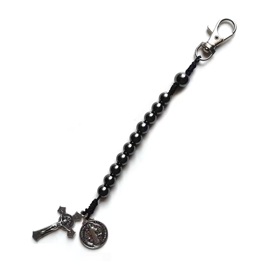 QIGO Hematite Beads Pocket Car Rosary Cross Saint Benedict Bracelets Religious Jewelry