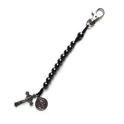 QIGO Hematite Beads Pocket Car Rosary Cross Saint Benedict Bracelets Religious Jewelry