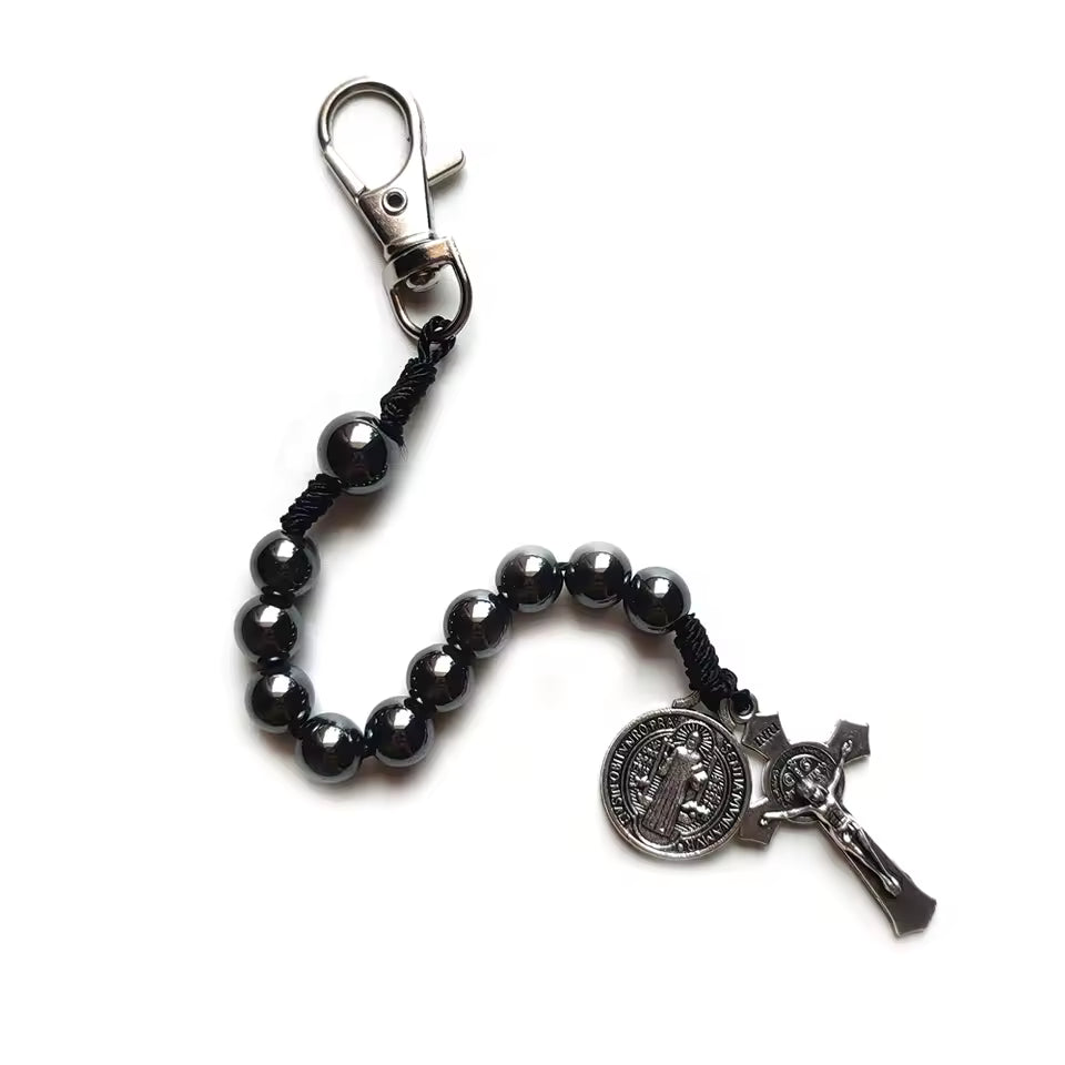 QIGO Hematite Beads Pocket Car Rosary Cross Saint Benedict Bracelets Religious Jewelry