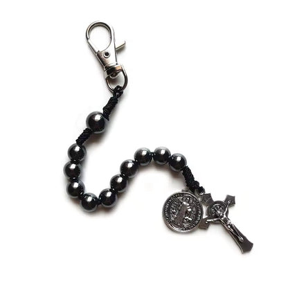 QIGO Hematite Beads Pocket Car Rosary Cross Saint Benedict Bracelets Religious Jewelry