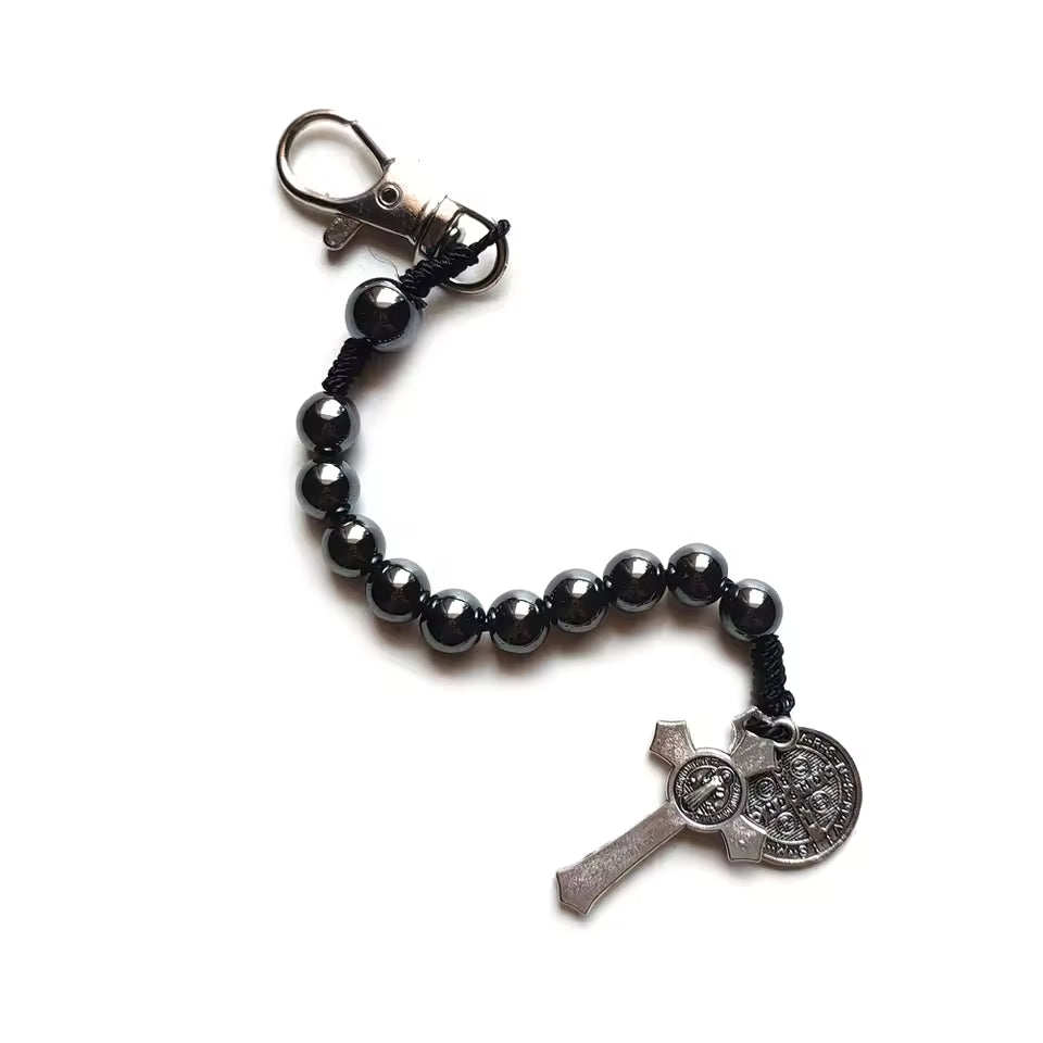 QIGO Hematite Beads Pocket Car Rosary Cross Saint Benedict Bracelets Religious Jewelry