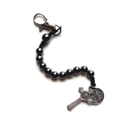 QIGO Hematite Beads Pocket Car Rosary Cross Saint Benedict Bracelets Religious Jewelry
