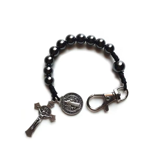 QIGO Hematite Beads Pocket Car Rosary Cross Saint Benedict Bracelets Religious Jewelry