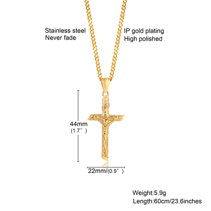 Stainless Steel Cross Necklace Catholicism Jesus Pendant Gold Color Collar Church Prayer Faith Jewelry for Men Women Gift