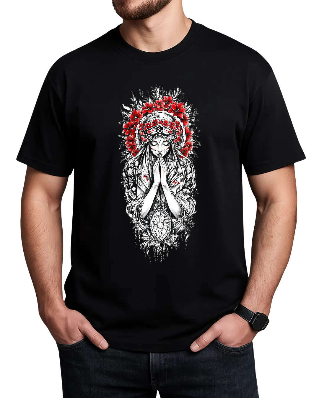Christian Cross & Virgin Mary Double Printed Tee