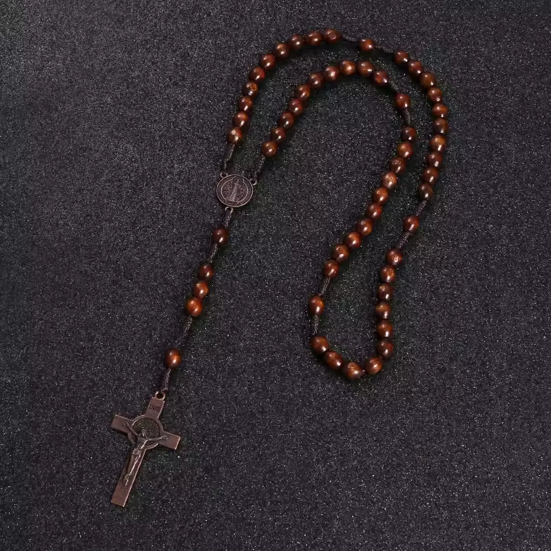Christ Jesus Wooden Beads 8mm Rosary Bead Cross Car Pendant Woven Rope Chain Necklace Religious Orthodox Praying Jewelry