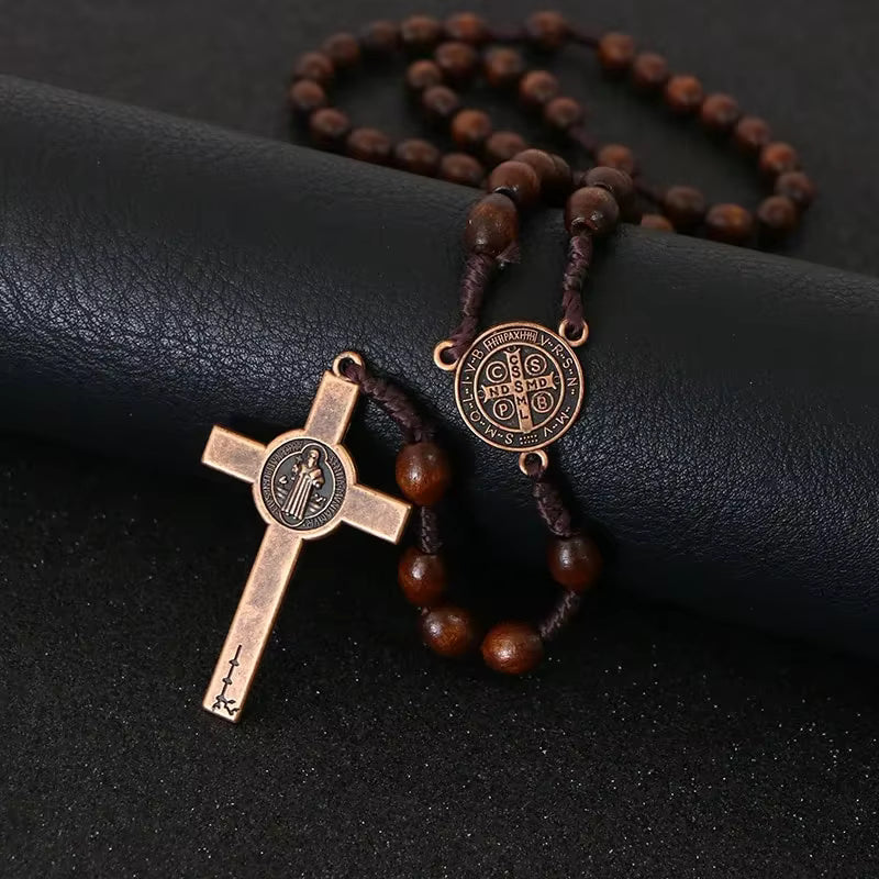 Christ Jesus Wooden Beads 8mm Rosary Bead Cross Car Pendant Woven Rope Chain Necklace Religious Orthodox Praying Jewelry