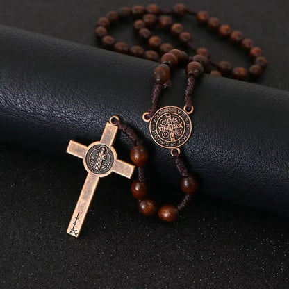 Christ Jesus Wooden Beads 8mm Rosary Bead Cross Car Pendant Woven Rope Chain Necklace Religious Orthodox Praying Jewelry