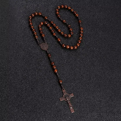 Christ Jesus Wooden Beads 8mm Rosary Bead Cross Car Pendant Woven Rope Chain Necklace Religious Orthodox Praying Jewelry