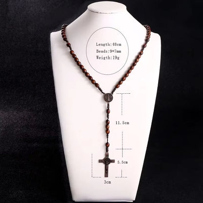 Christ Jesus Wooden Beads 8mm Rosary Bead Cross Car Pendant Woven Rope Chain Necklace Religious Orthodox Praying Jewelry