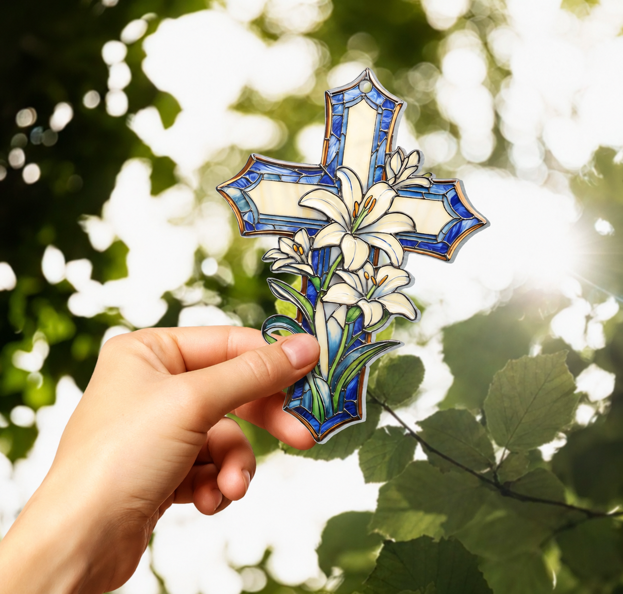 Cross And Lily Flowers Suncatcher, Christian Acrylic Window Hanging Decoration, Flower Cross Gift For Religious, Christian Faith Home Decor