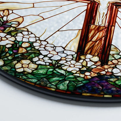Stained Glass Cross And Wildflowers Suncatcher, Christian Glass Windows Hanging, Flower Cross Gift For Religious, Christian Faith Home Decor