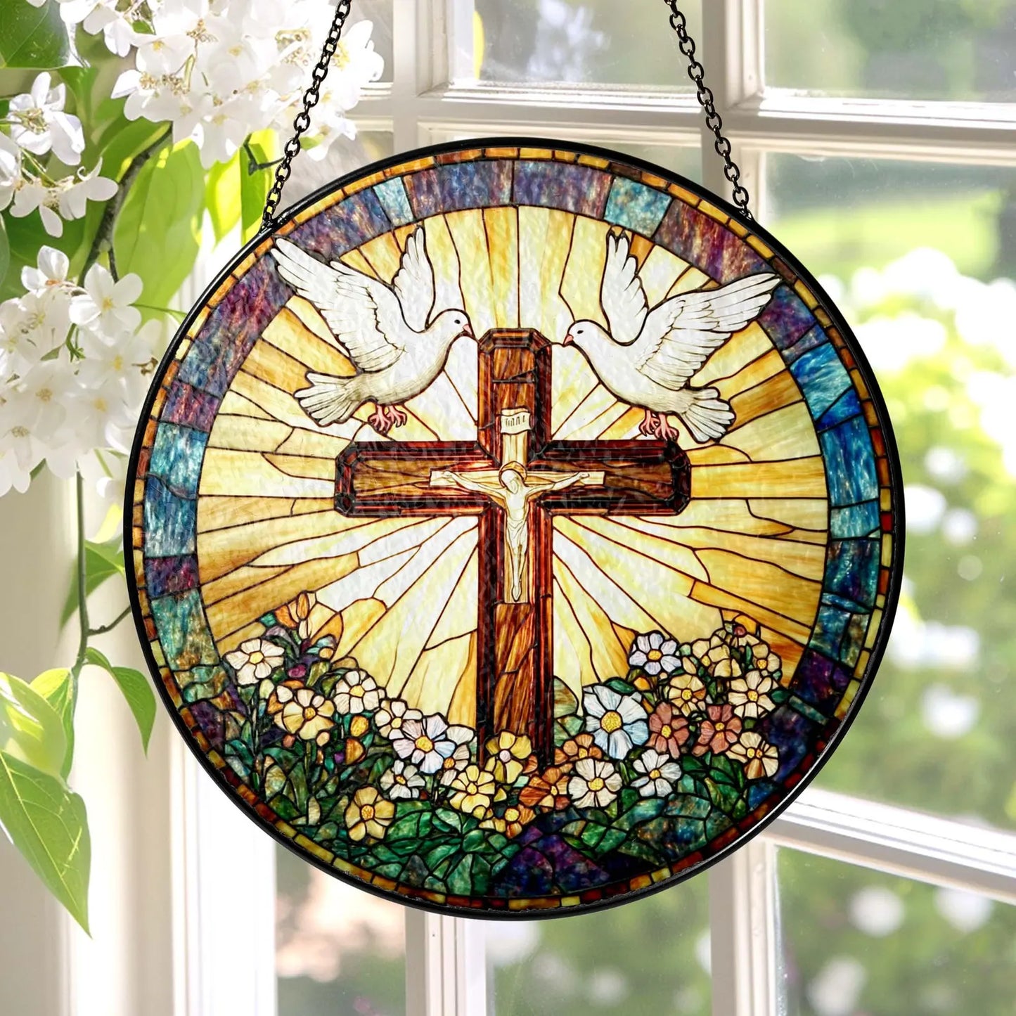 Stained Glass Cross And Wildflowers Suncatcher, Christian Glass Windows Hanging, Flower Cross Gift For Religious, Christian Faith Home Decor