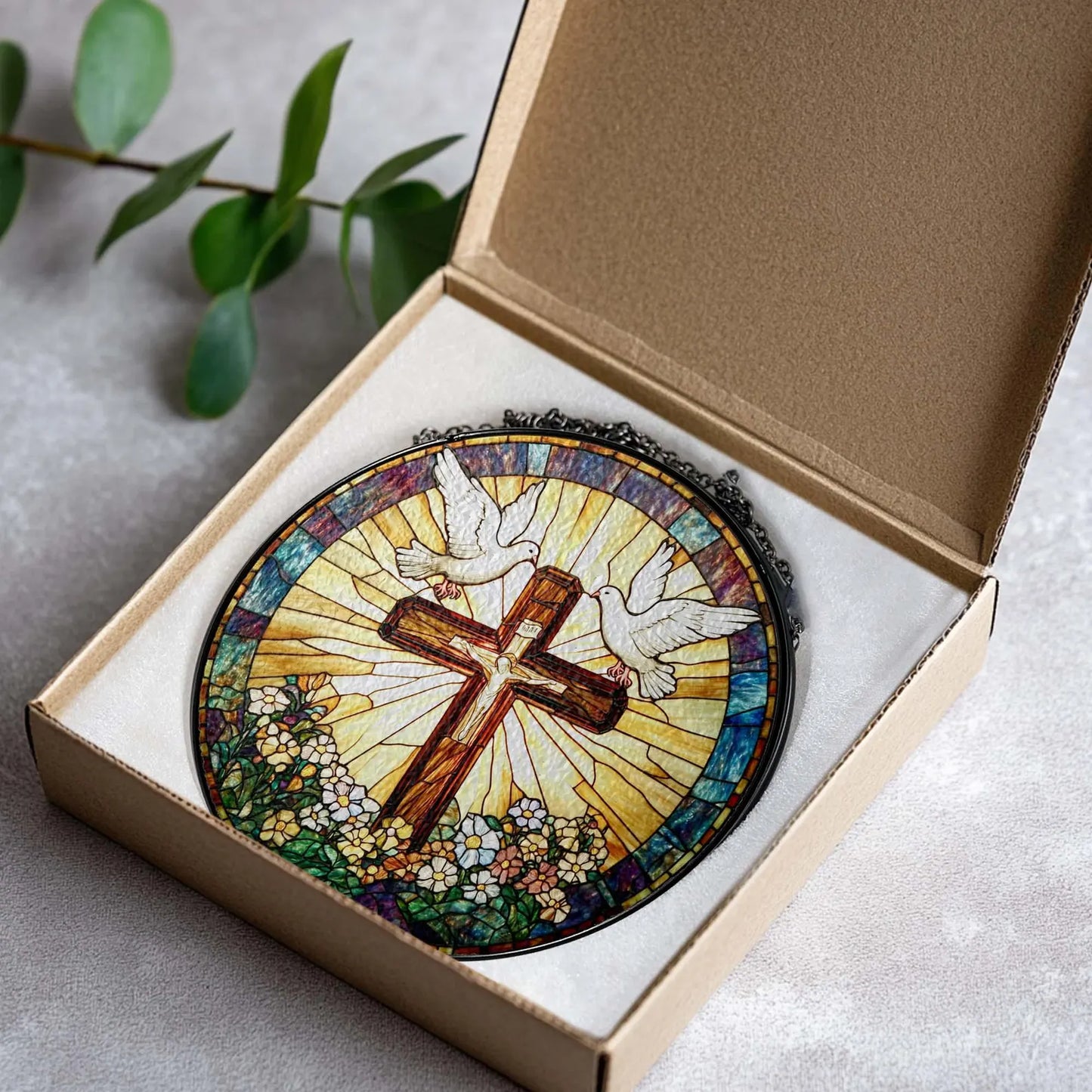 Stained Glass Cross And Wildflowers Suncatcher, Christian Glass Windows Hanging, Flower Cross Gift For Religious, Christian Faith Home Decor