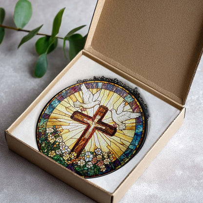 Stained Glass Cross And Wildflowers Suncatcher, Christian Glass Windows Hanging, Flower Cross Gift For Religious, Christian Faith Home Decor