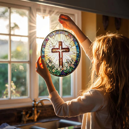 Stained Glass Cross And Wildflowers Suncatcher, Christian Glass Windows Hanging, Flower Cross Gift For Religious, Christian Faith Home Decor