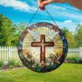 Stained Glass Cross And Wildflowers Suncatcher, Christian Glass Windows Hanging, Flower Cross Gift For Religious, Christian Faith Home Decor