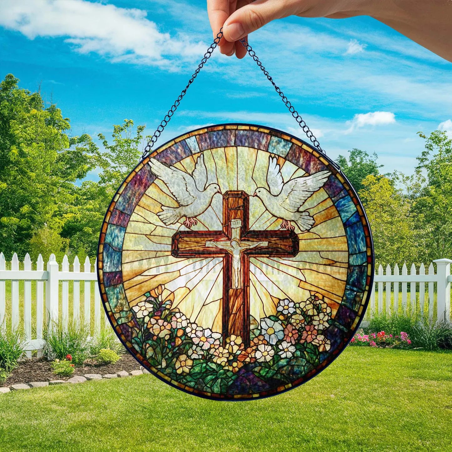 Stained Glass Cross And Wildflowers Suncatcher, Christian Glass Windows Hanging, Flower Cross Gift For Religious, Christian Faith Home Decor