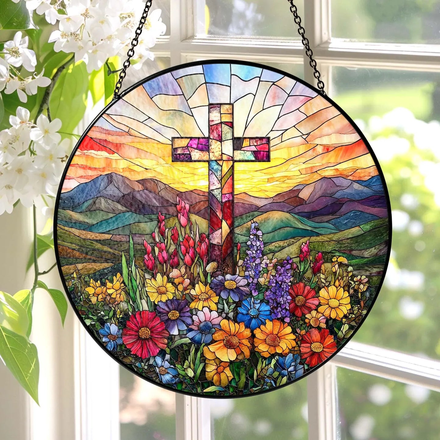 Stained Glass Cross And Wildflowers Suncatcher Christian Glass Window Hanging Flower Cross Gift For Religious Easter Faith Cross Home Decor