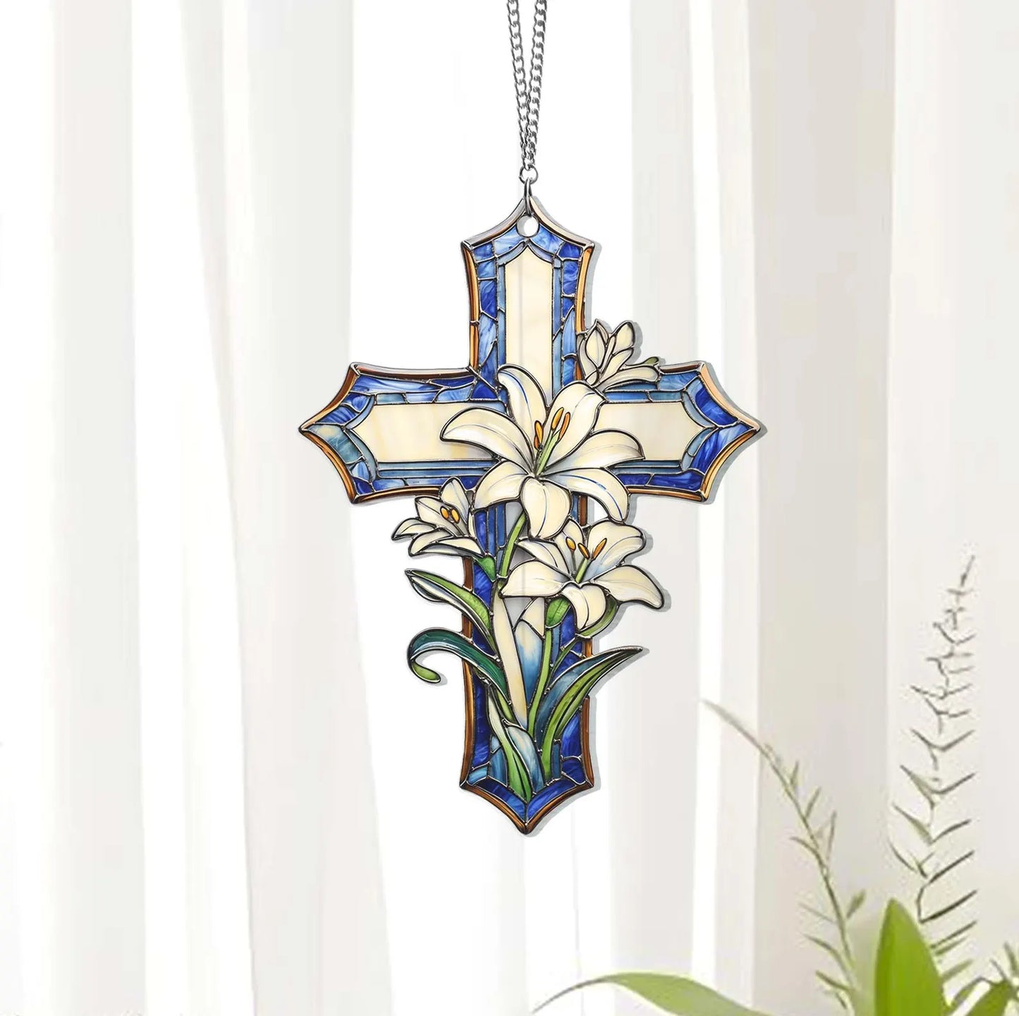 Cross And Lily Flowers Suncatcher, Christian Acrylic Window Hanging Decoration, Flower Cross Gift For Religious, Christian Faith Home Decor