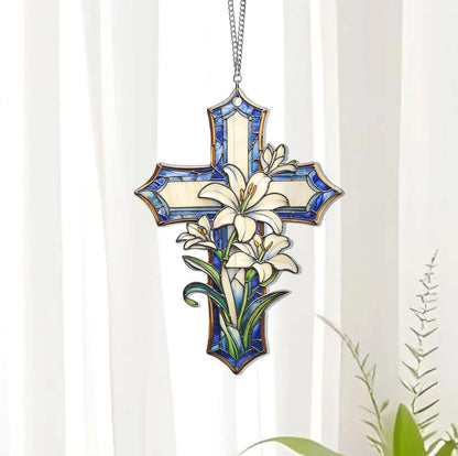 Cross And Lily Flowers Suncatcher, Christian Acrylic Window Hanging Decoration, Flower Cross Gift For Religious, Christian Faith Home Decor