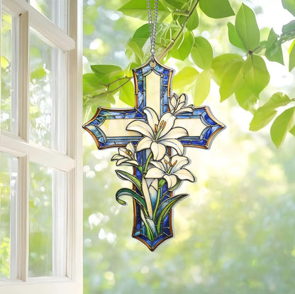 Cross And Lily Flowers Suncatcher, Christian Acrylic Window Hanging Decoration, Flower Cross Gift For Religious, Christian Faith Home Decor
