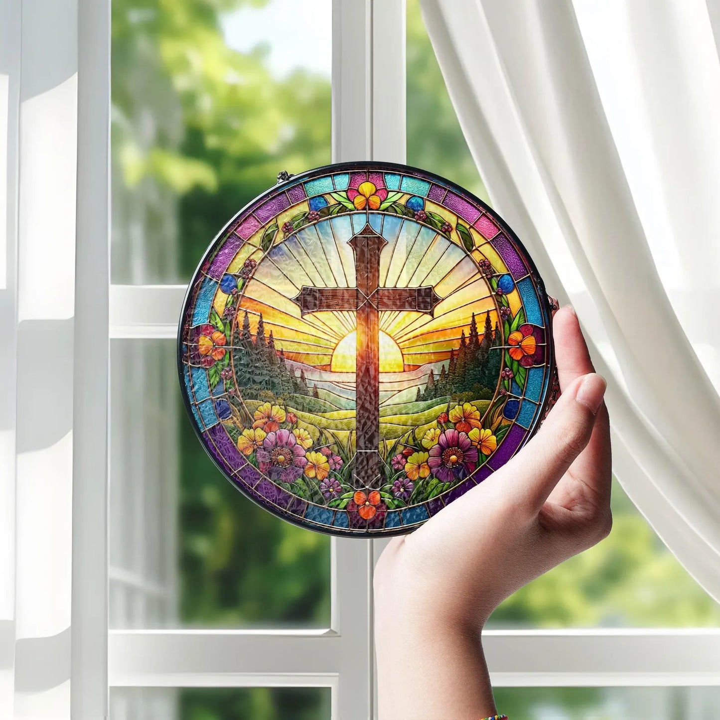 Christian Cross Stained Glass Suncatcher, Religious Home Decor, Christian Window Hanging with Floral Design, Memorial Cross Suncatcher