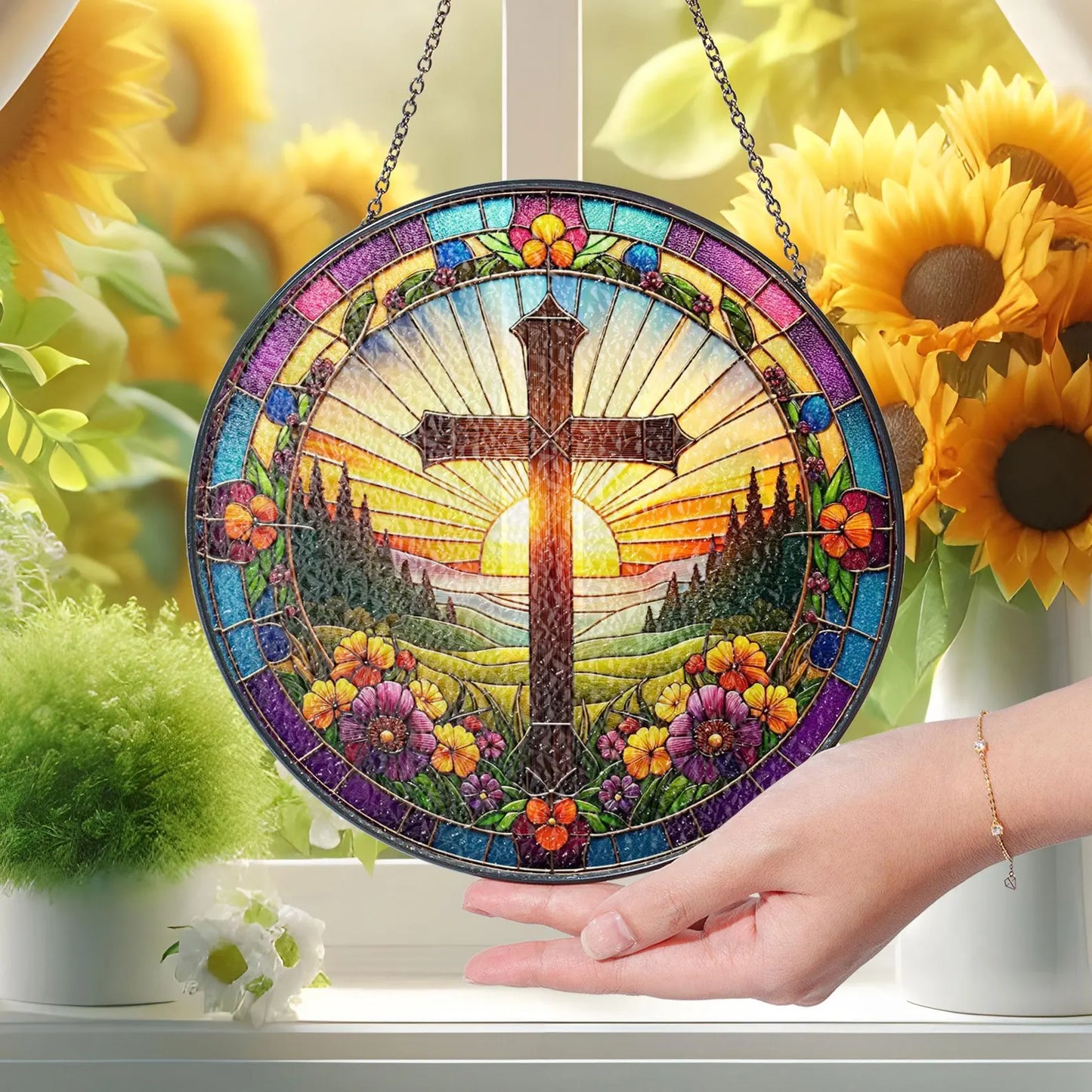 Christian Cross Stained Glass Suncatcher, Religious Home Decor, Christian Window Hanging with Floral Design, Memorial Cross Suncatcher