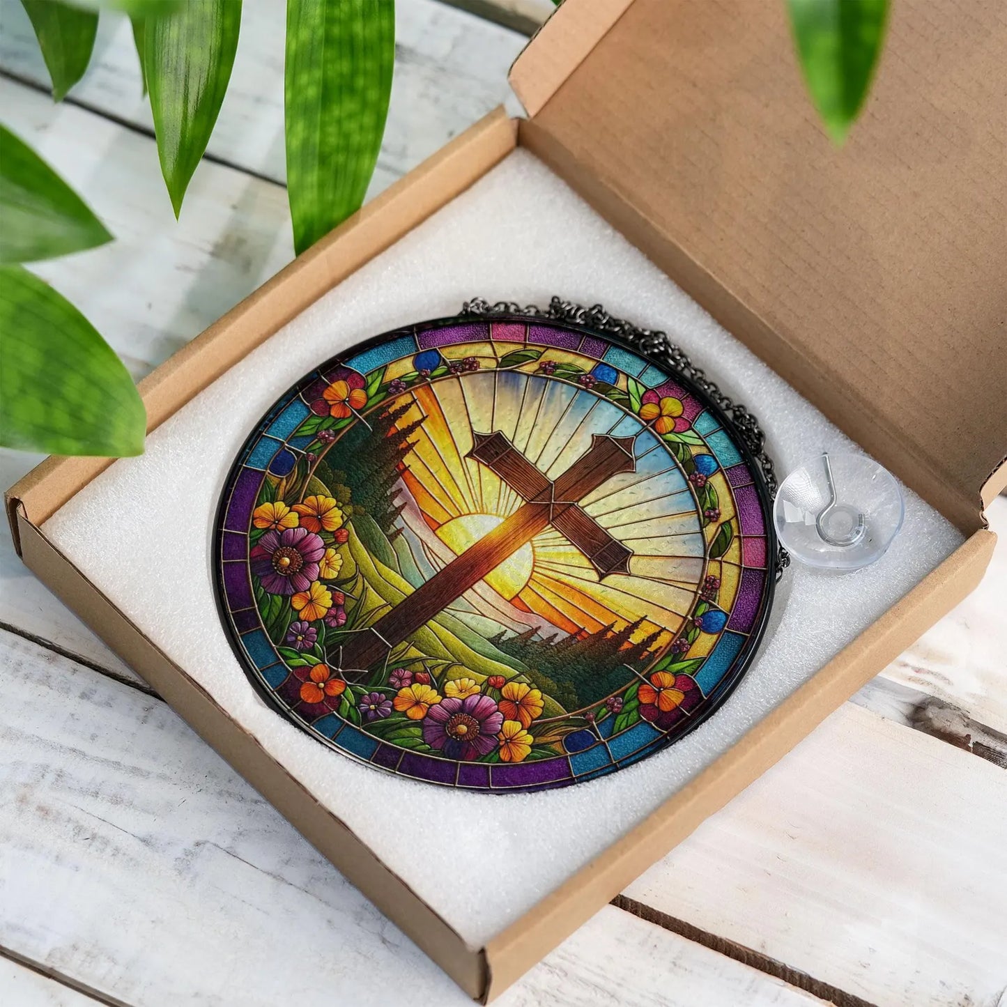 Christian Cross Stained Glass Suncatcher, Religious Home Decor, Christian Window Hanging with Floral Design, Memorial Cross Suncatcher