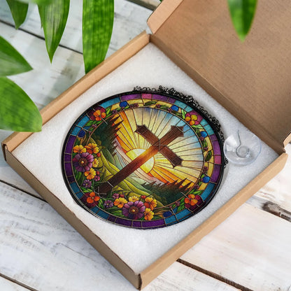 Christian Cross Stained Glass Suncatcher, Religious Home Decor, Christian Window Hanging with Floral Design, Memorial Cross Suncatcher