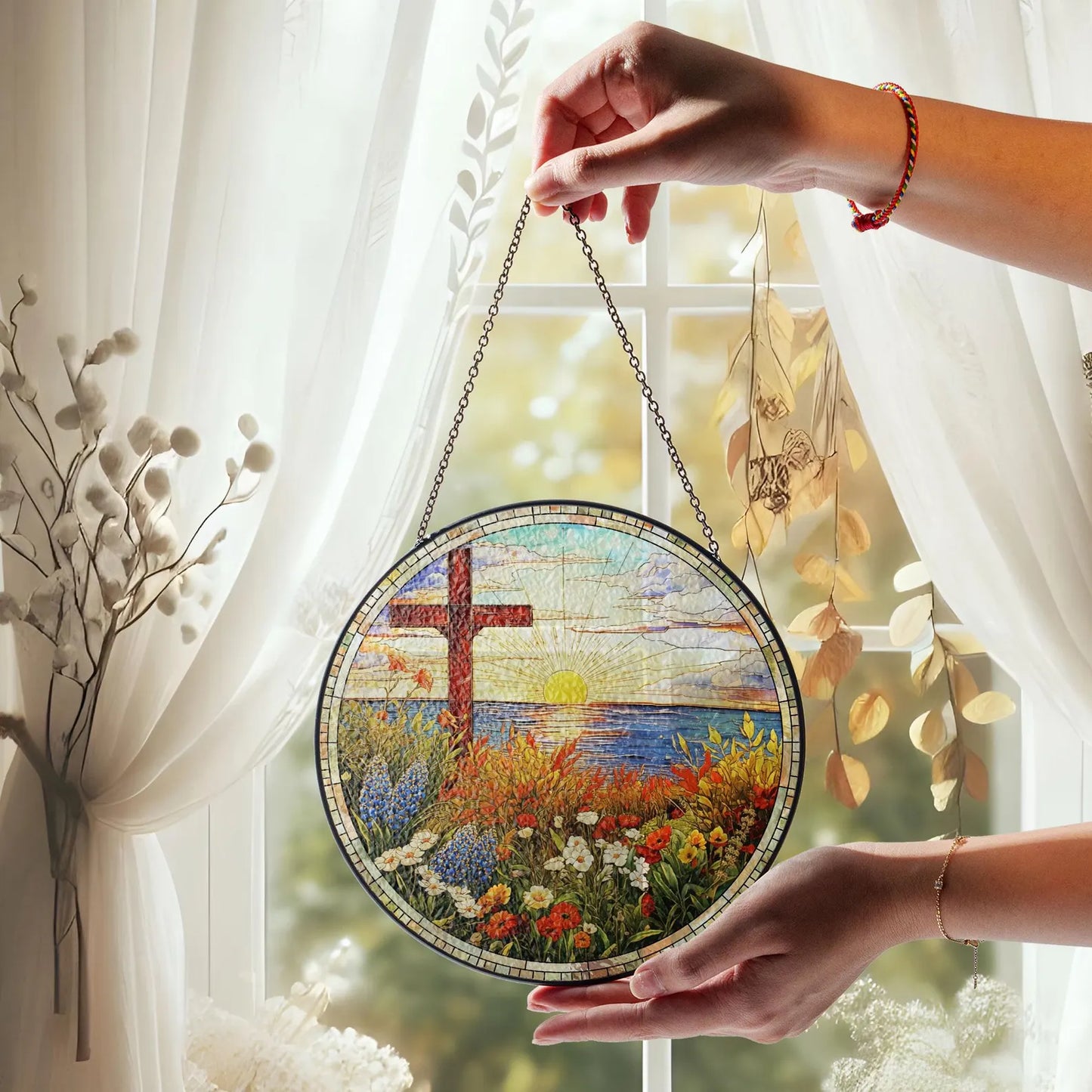 Christian Cross Stained Glass Suncatcher, Religious Home Decor, Christian Window Hanging with Floral Design, Memorial Cross Suncatcher