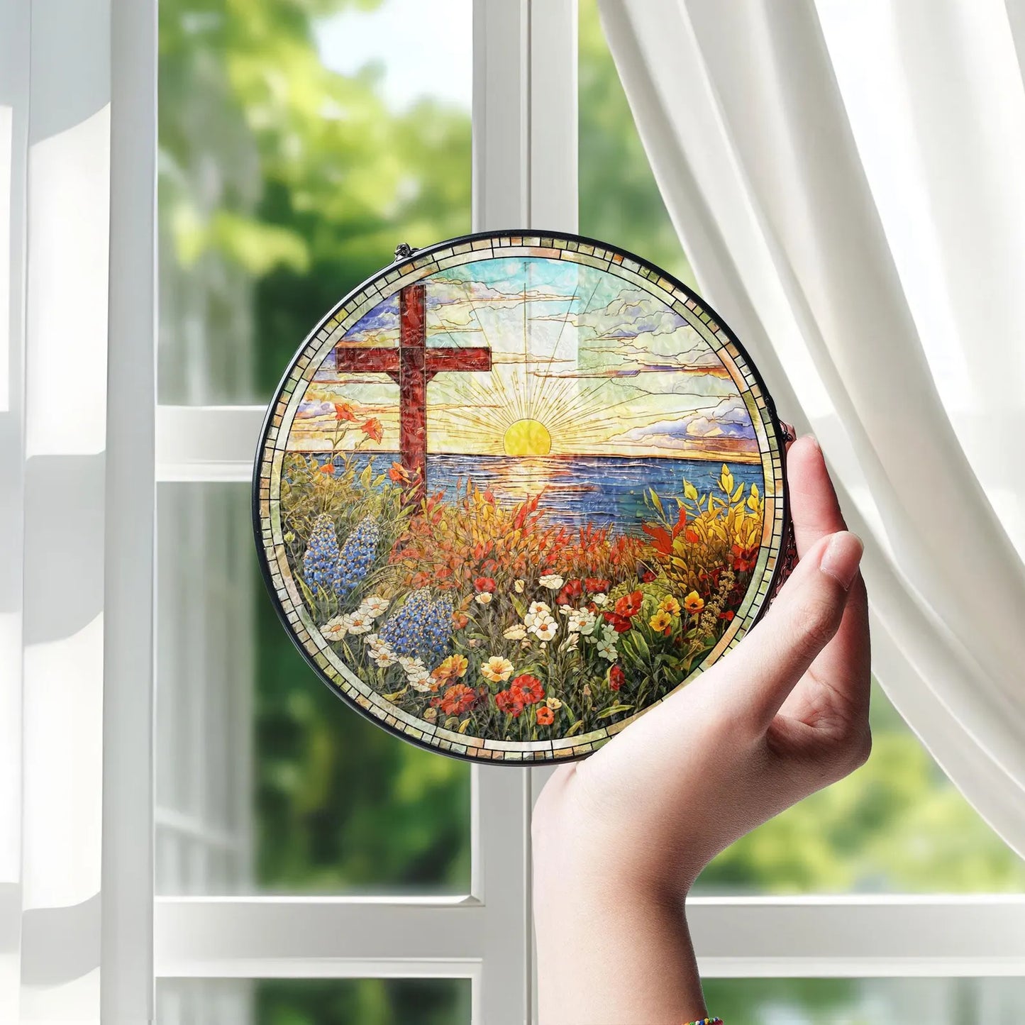 Christian Cross Stained Glass Suncatcher, Religious Home Decor, Christian Window Hanging with Floral Design, Memorial Cross Suncatcher