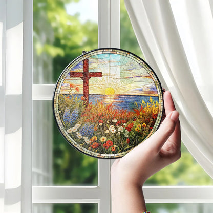Christian Cross Stained Glass Suncatcher, Religious Home Decor, Christian Window Hanging with Floral Design, Memorial Cross Suncatcher