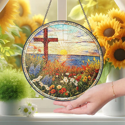 Christian Cross Stained Glass Suncatcher, Religious Home Decor, Christian Window Hanging with Floral Design, Memorial Cross Suncatcher
