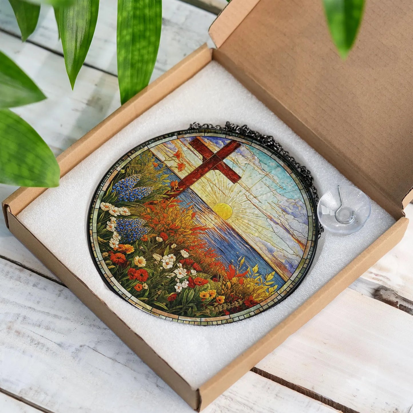 Christian Cross Stained Glass Suncatcher, Religious Home Decor, Christian Window Hanging with Floral Design, Memorial Cross Suncatcher
