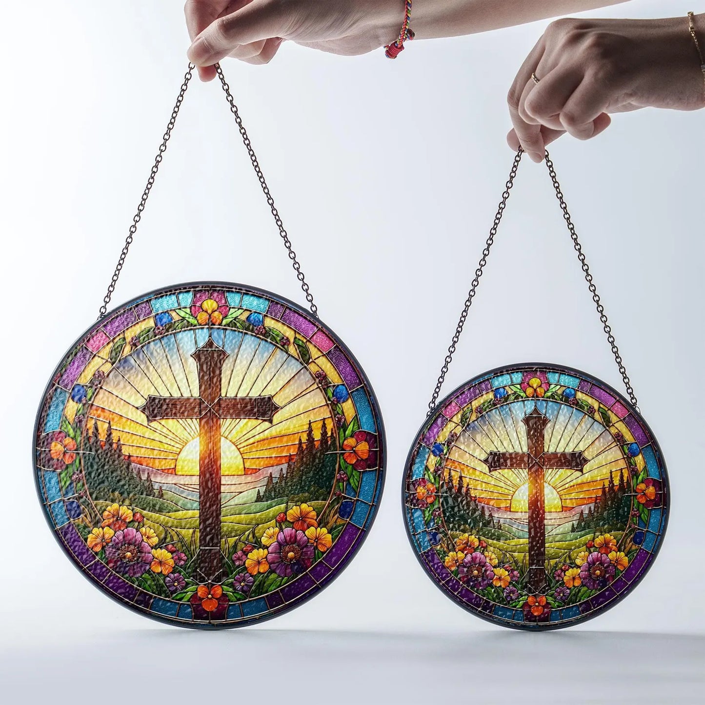 Christian Cross Stained Glass Suncatcher, Religious Home Decor, Christian Window Hanging with Floral Design, Memorial Cross Suncatcher