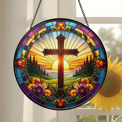 Christian Cross Stained Glass Suncatcher, Religious Home Decor, Christian Window Hanging with Floral Design, Memorial Cross Suncatcher