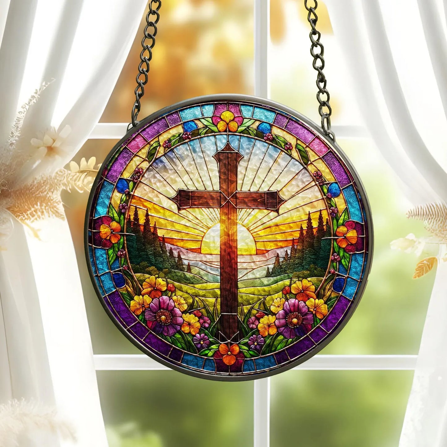 Christian Cross Stained Glass Suncatcher, Religious Home Decor, Christian Window Hanging with Floral Design, Memorial Cross Suncatcher