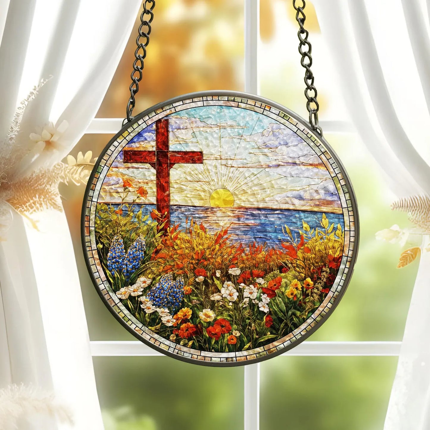Christian Cross Stained Glass Suncatcher, Religious Home Decor, Christian Window Hanging with Floral Design, Memorial Cross Suncatcher