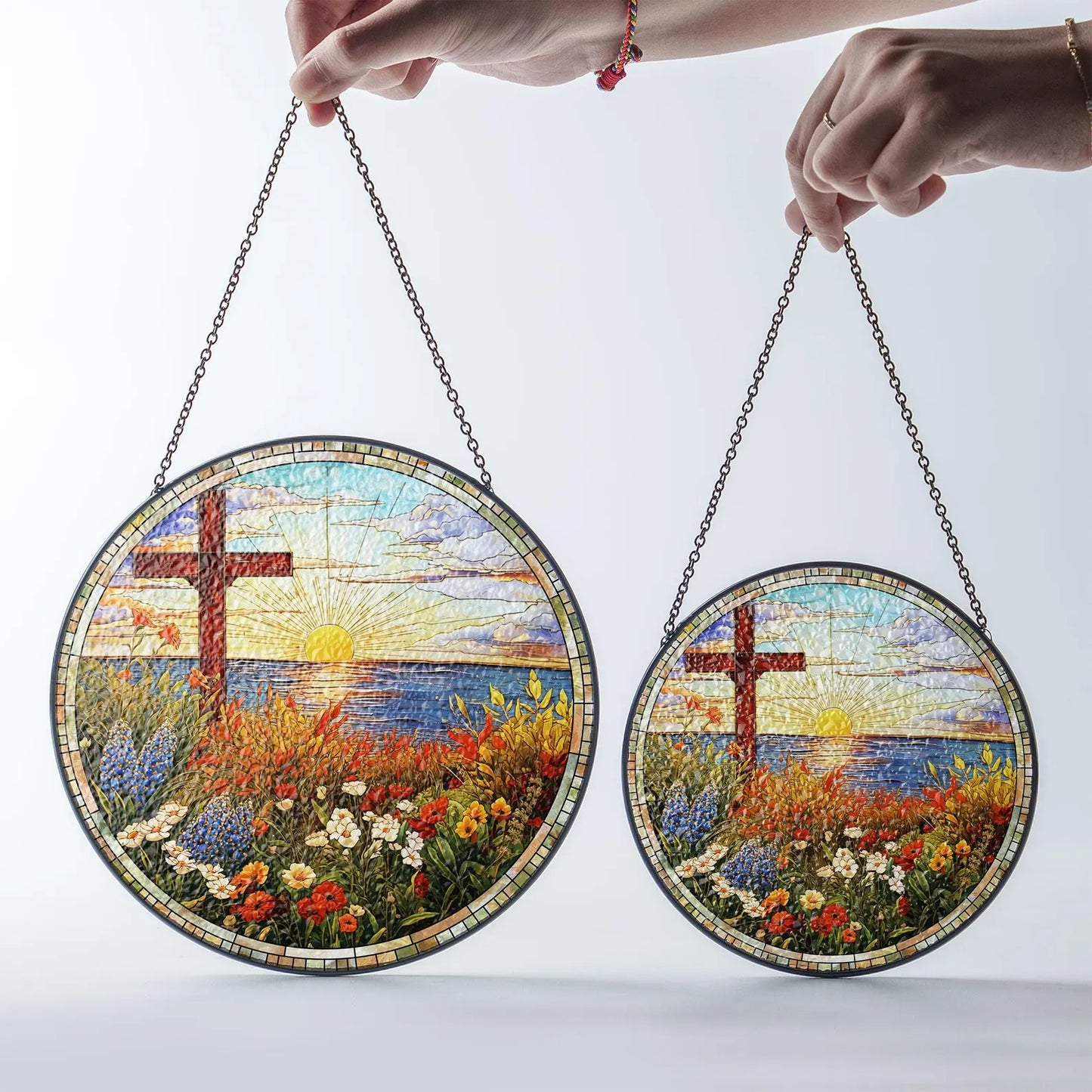 Christian Cross Stained Glass Suncatcher, Religious Home Decor, Christian Window Hanging with Floral Design, Memorial Cross Suncatcher