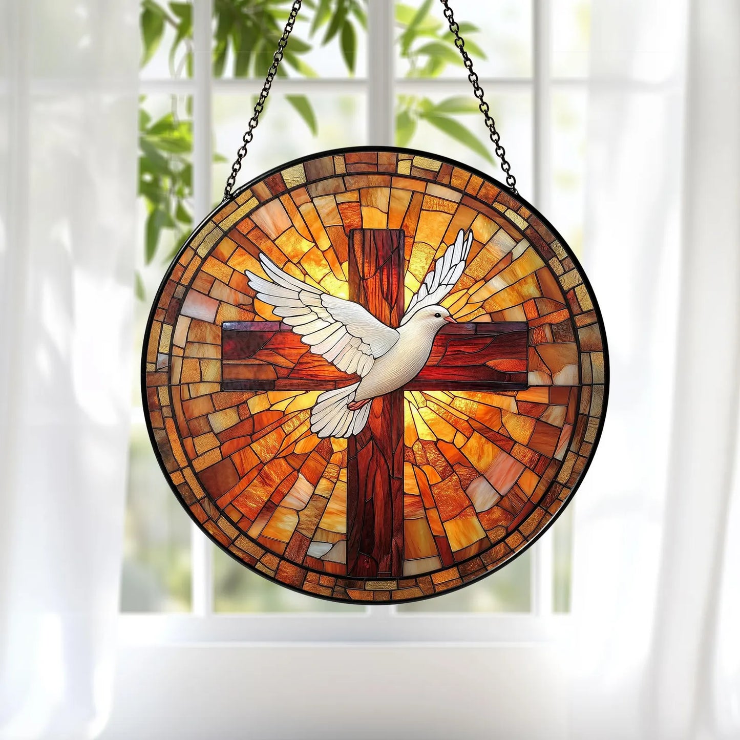 Holy Spirit Stained Glass Suncatcher, Cross & Dove Suncatcher, Religious Window Art, Christian Suncatcher, Faith-Based Gift, Christmas Gift