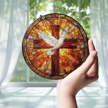 Holy Spirit Stained Glass Suncatcher, Cross & Dove Suncatcher, Religious Window Art, Christian Suncatcher, Faith-Based Gift, Christmas Gift